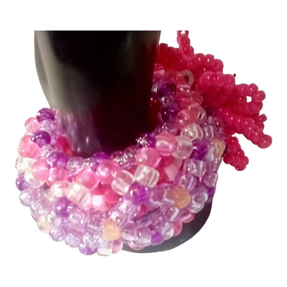 Neon Pink Flower On 3d Kandi Cuff-Pink and Purple Sparkle with Orange Glow Beads - Picture 3 of 4